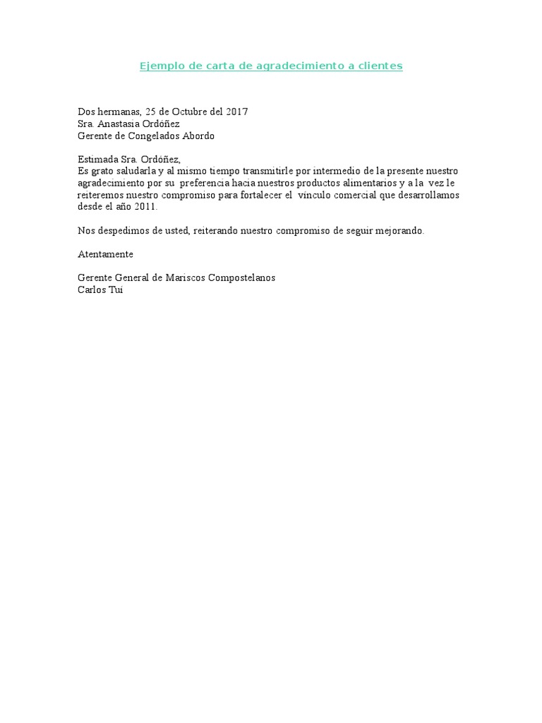 Ejemplo de Carta de Agradecimiento a Clientes