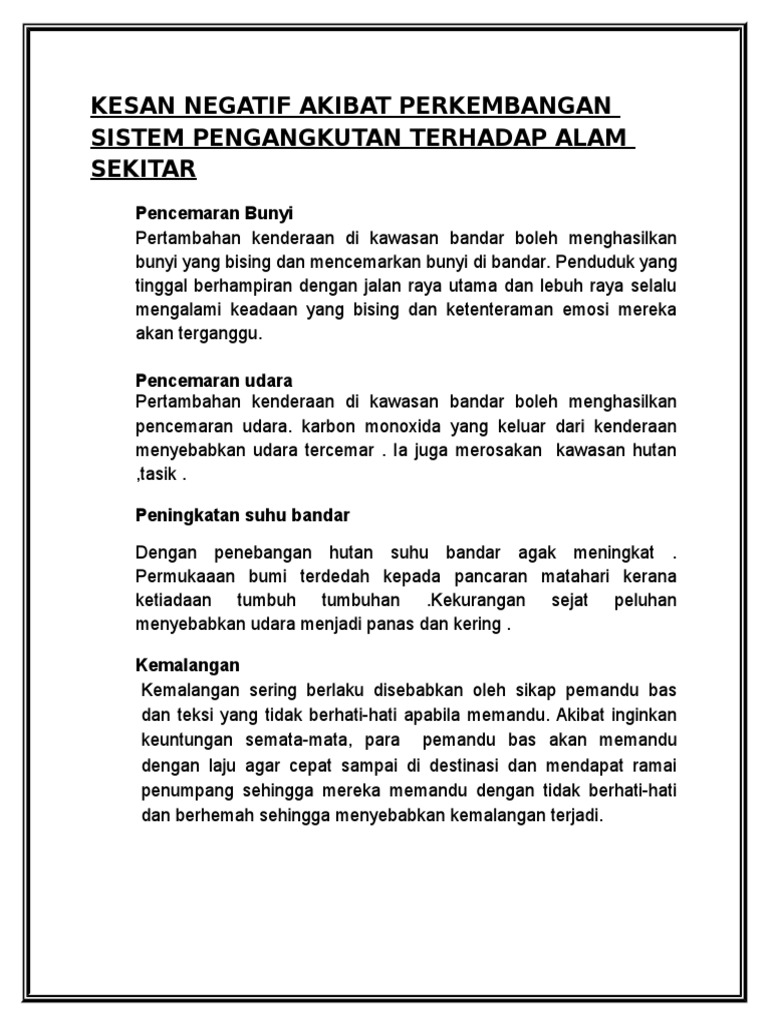 Kesan Negatif Akibat Perkembangan Sistem Pengangkutan ...