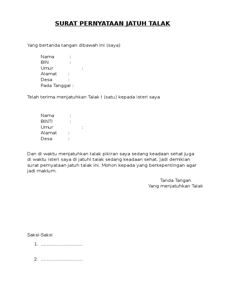 Surat Pernyataan Jatuh Talak | PDF