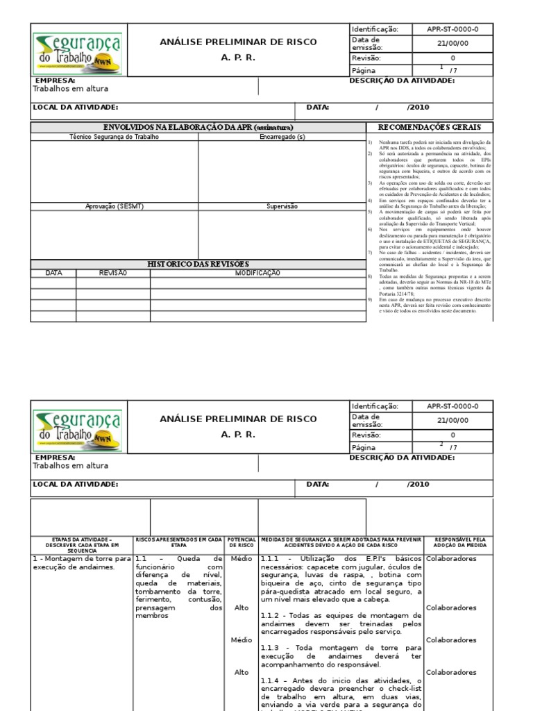 APR TRABALHO EM ALTURA - Segurança do Trabalho nwn.doc | Negócios