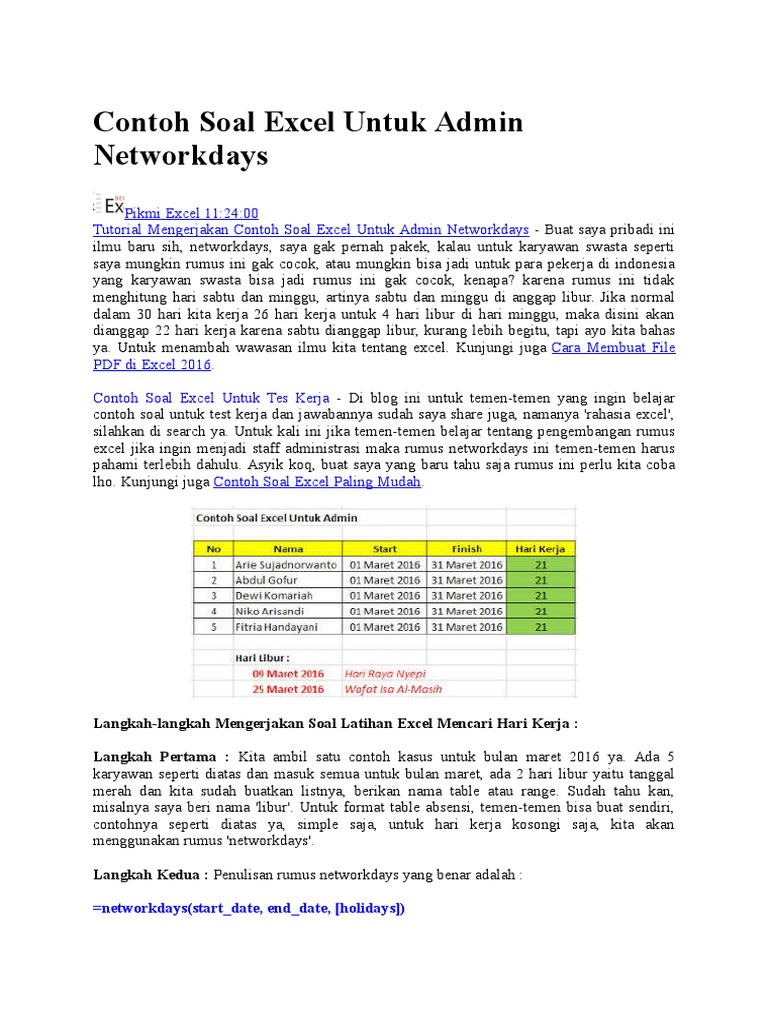 Contoh Soal Excel Untuk Admin Networkdays