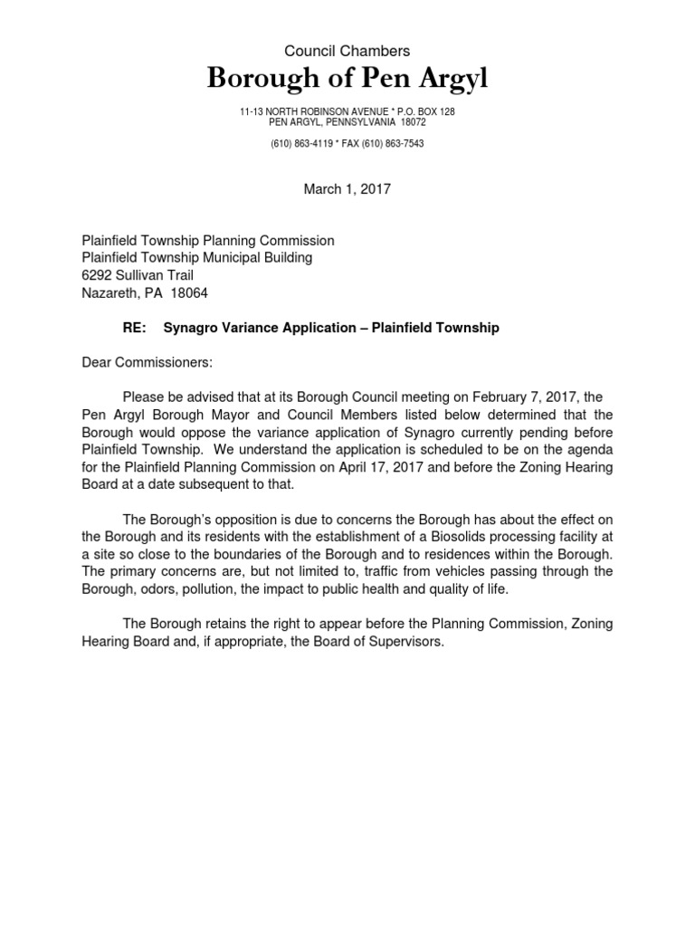 Pen Argyl Letter To Plainfield Township Planning Commission