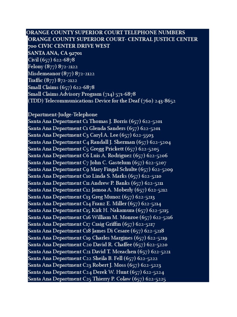 Orange County Superior Court Telephone Numbers PDF