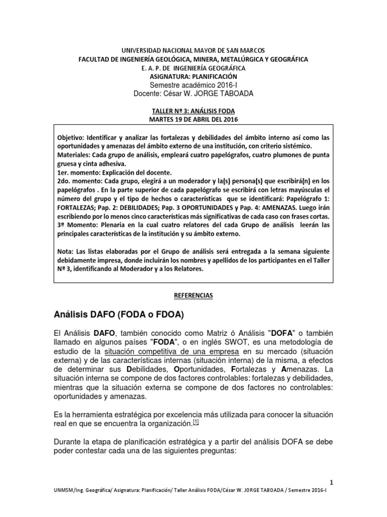Taller de Análisis FODA en Planificación | PDF | Análisis FODA | Business