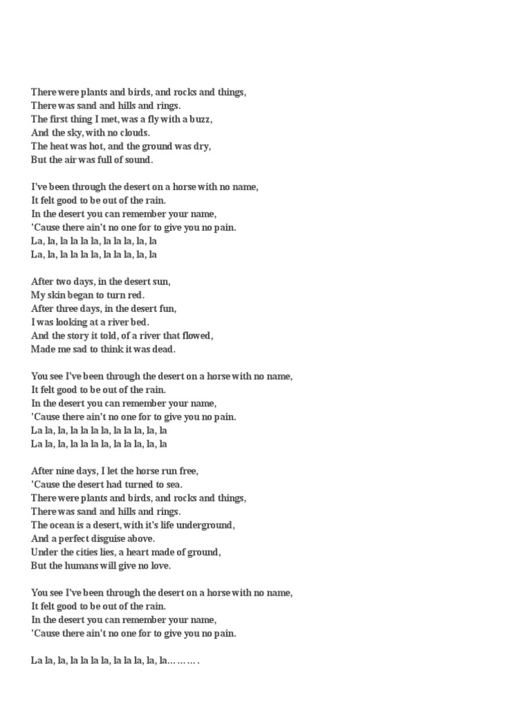 Horse With No Name Printable Lyrics