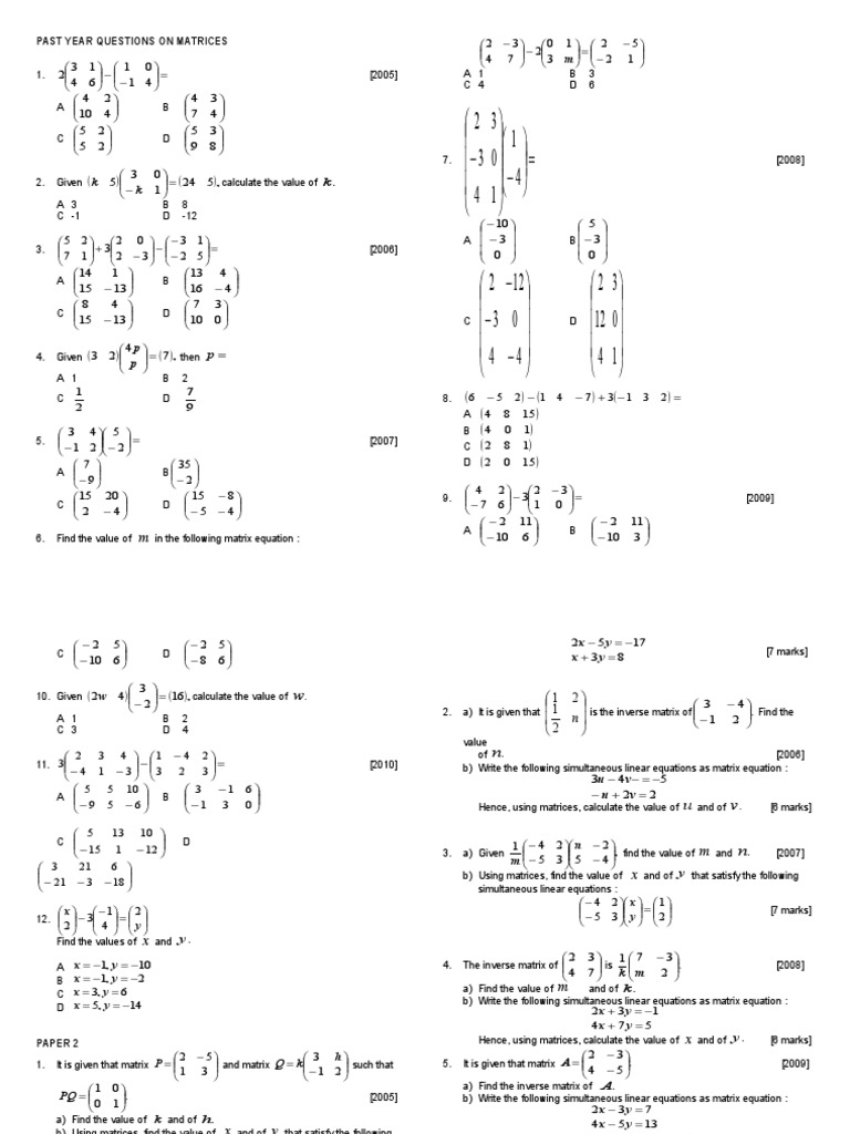 Past Year Questions On Matrices | PDF | Matrix (Mathematics) | System ...