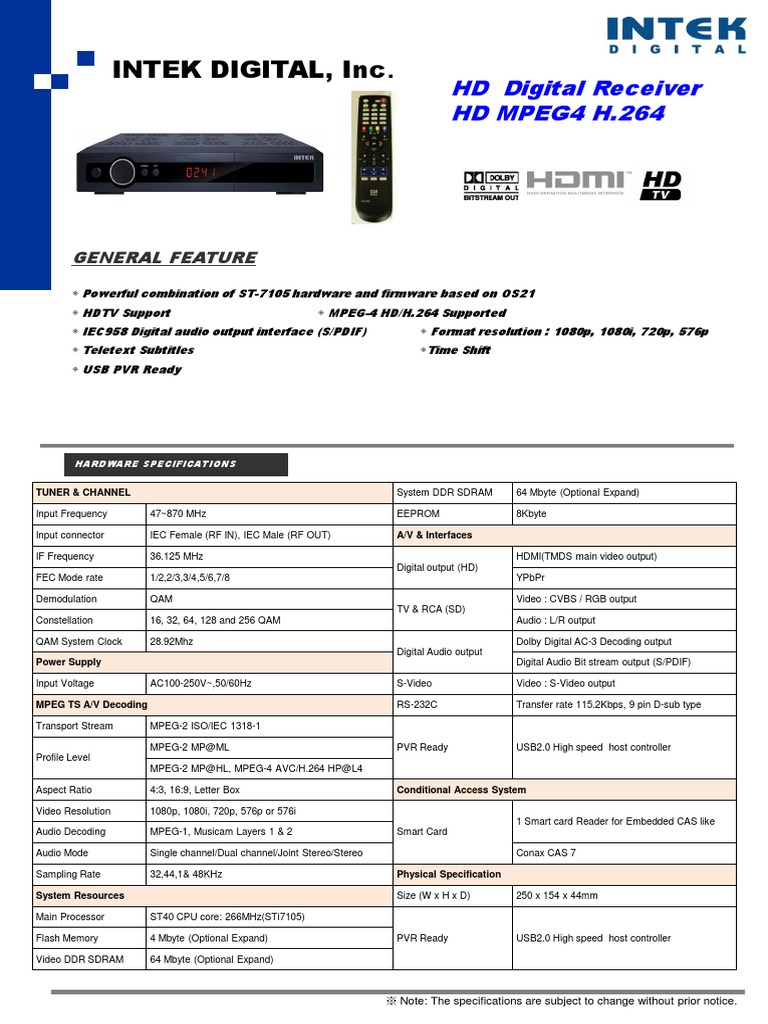 HD Digital Receiver Specifications Guide | PDF | H.264/Mpeg 4 Avc ...