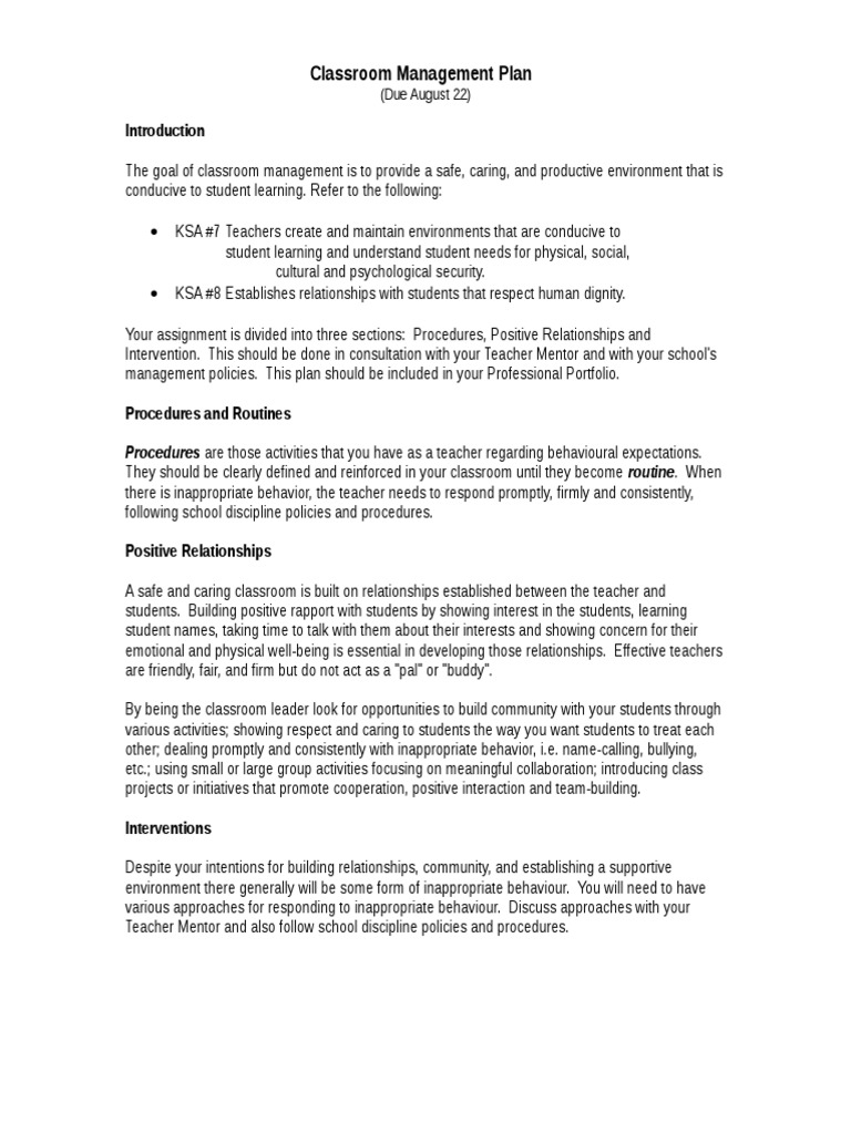 Classroom Management Plan Overview | PDF | Classroom Management | Teachers