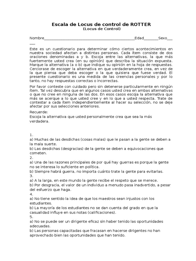 Escala de Locus de Control de Rotter | Certeza | Toma de decisiones