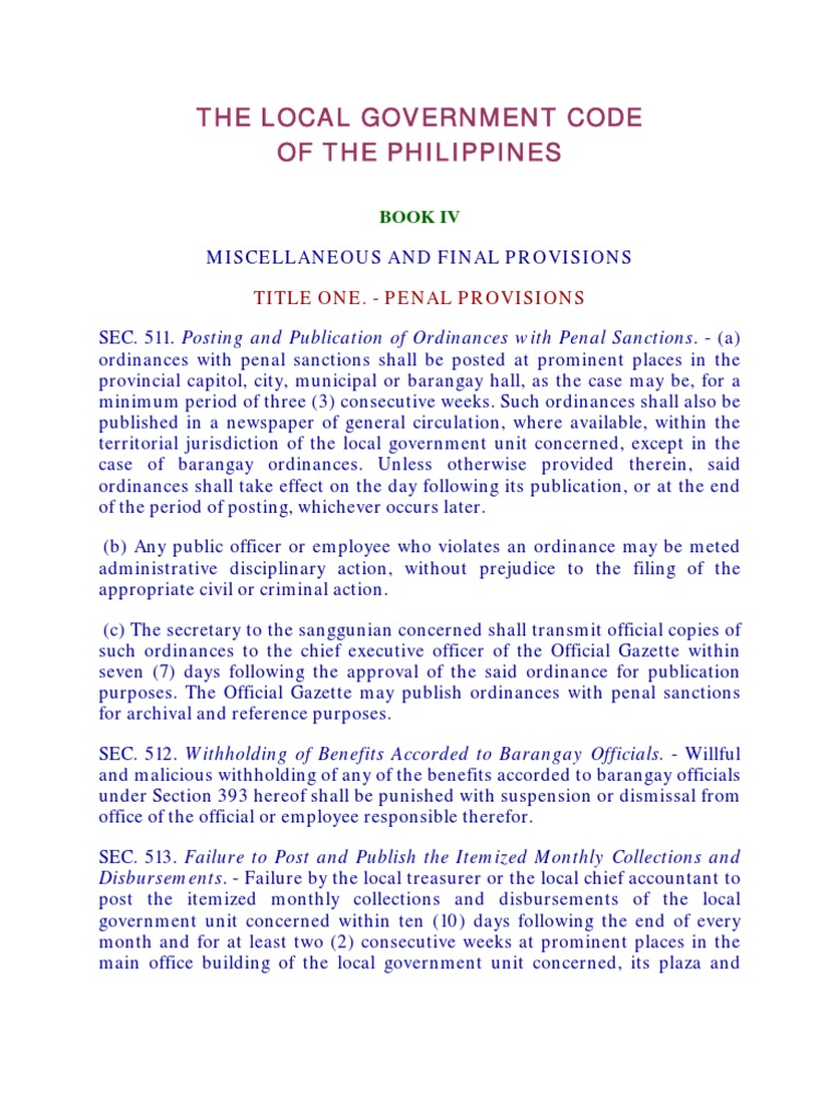 Local Government Code of 1991 Book 4 Miscellaneous and Final Provisions Fine (Penalty) Debt