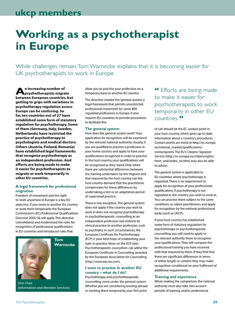 Working As A Psychotherapist in Europe PDF Psychotherapy Psychologist