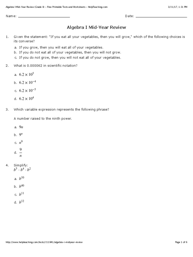 Algebra I Mid-Year Review (Grade 9) | PDF | Logical Truth | Equations