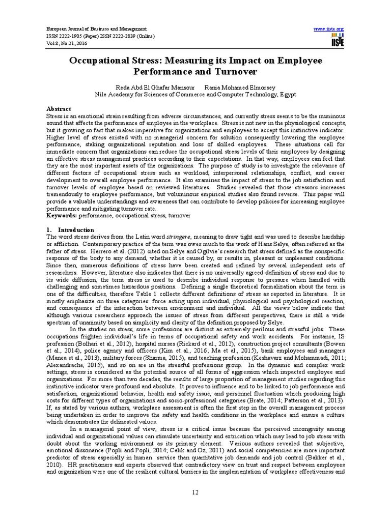 Occupational Stress: Measuring Its Impact On Employee Performance and ...