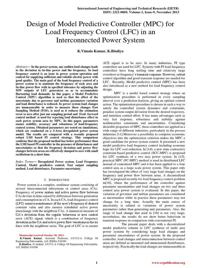 Design of Model Predictive Controller (MPC) For Load Frequency Control ...