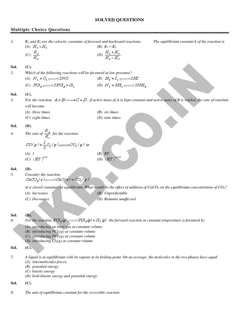 Solved Multiple Choice Questions Chemical Equilibrium | PDF | Chemical ...