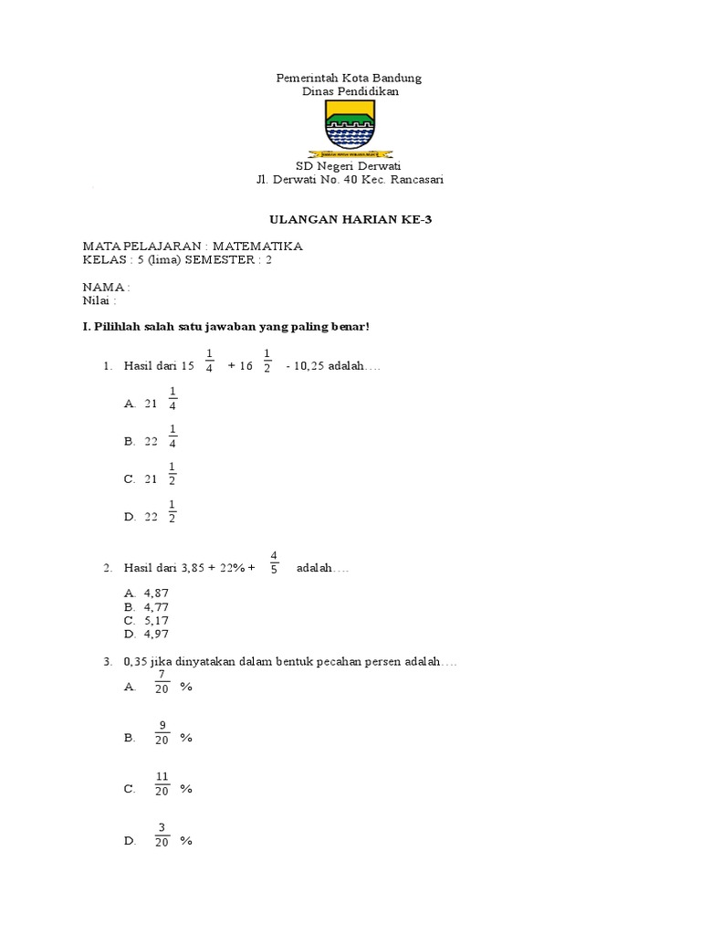 Soal Matematika Kelas 5 Semester 2 Ulangan Harian Ke 3