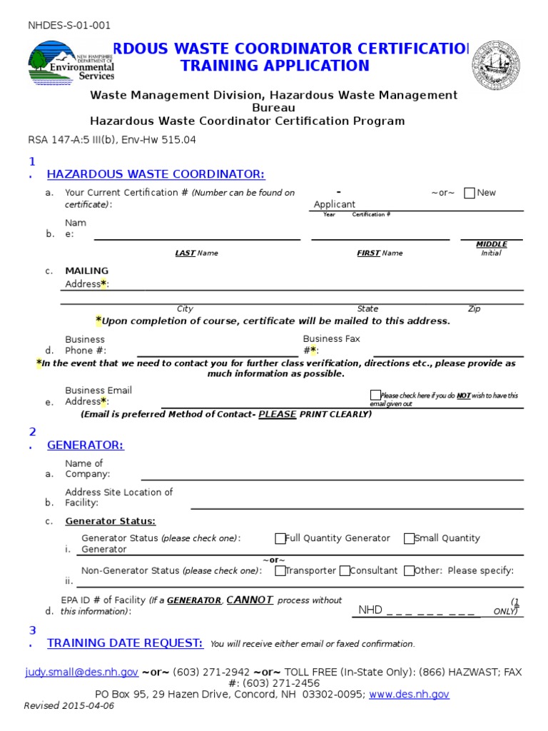 Hazardous Waste Coordinator Certification Training Application PDF