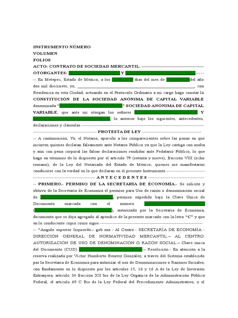 Escritura Constitutiva SA DE CV