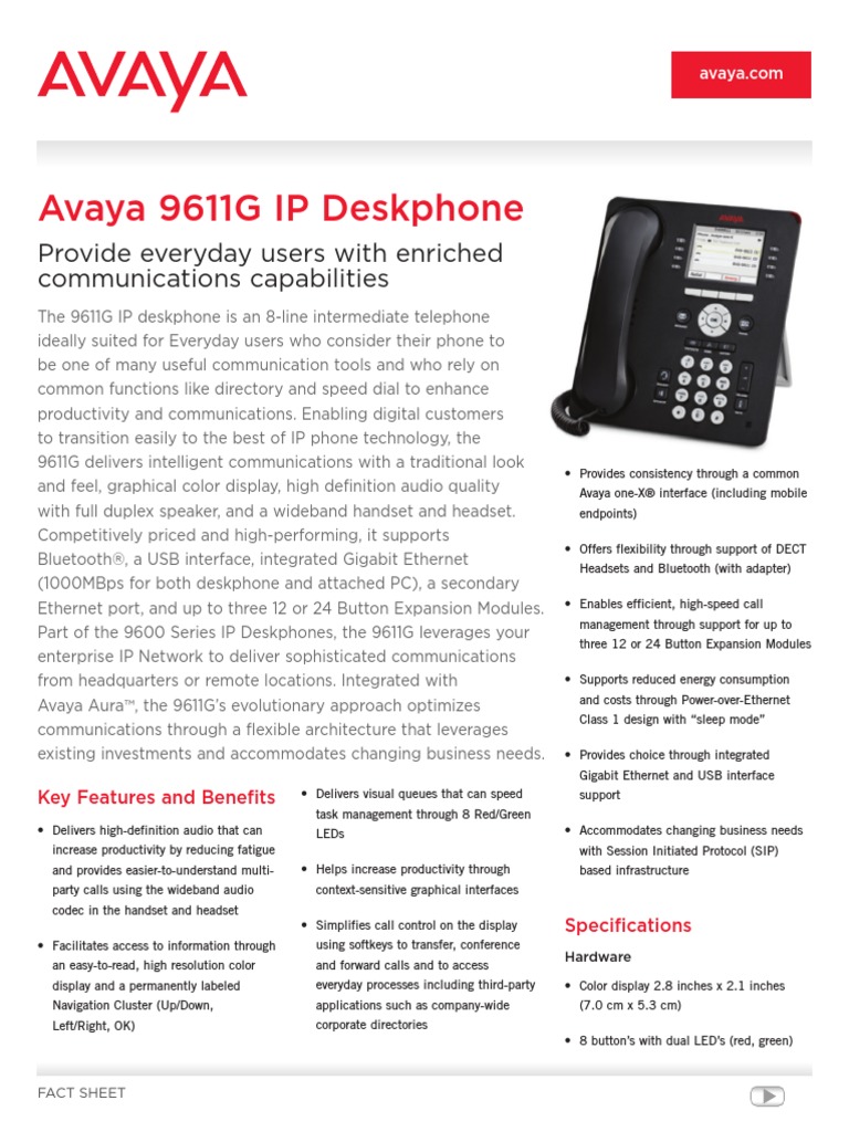 Avaya 9611G IP Deskphone - Fact Sheet UC4560[1] | Session Initiation