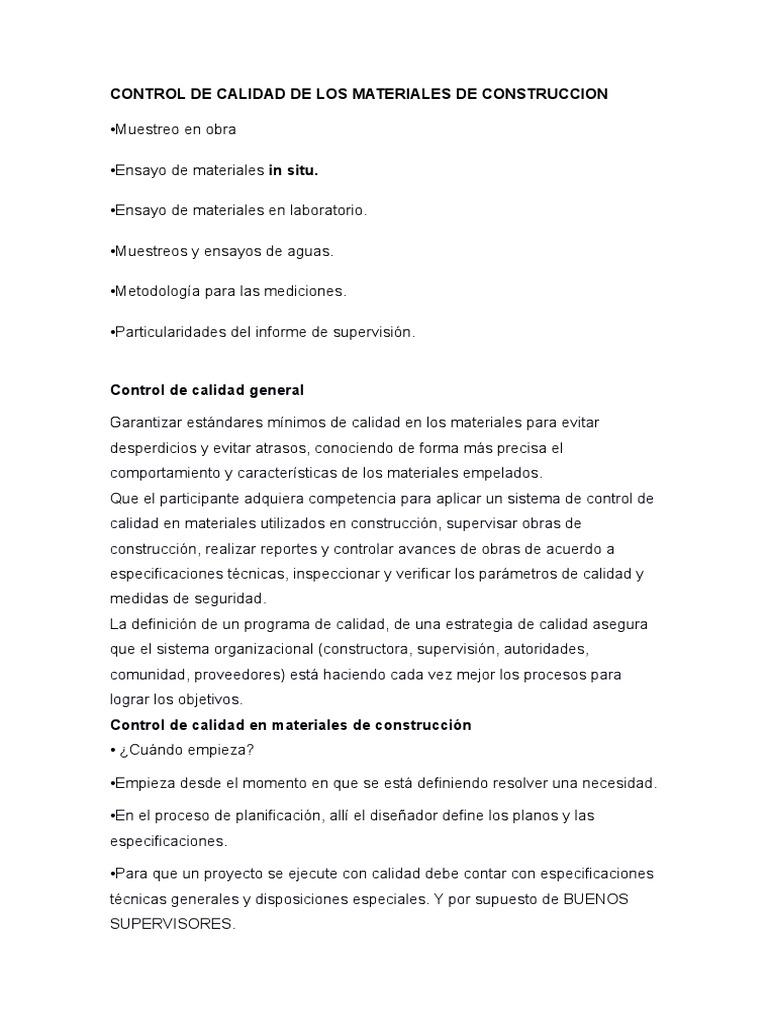 Control de Calidad en Materiales de Construcción | PDF | Calidad ...