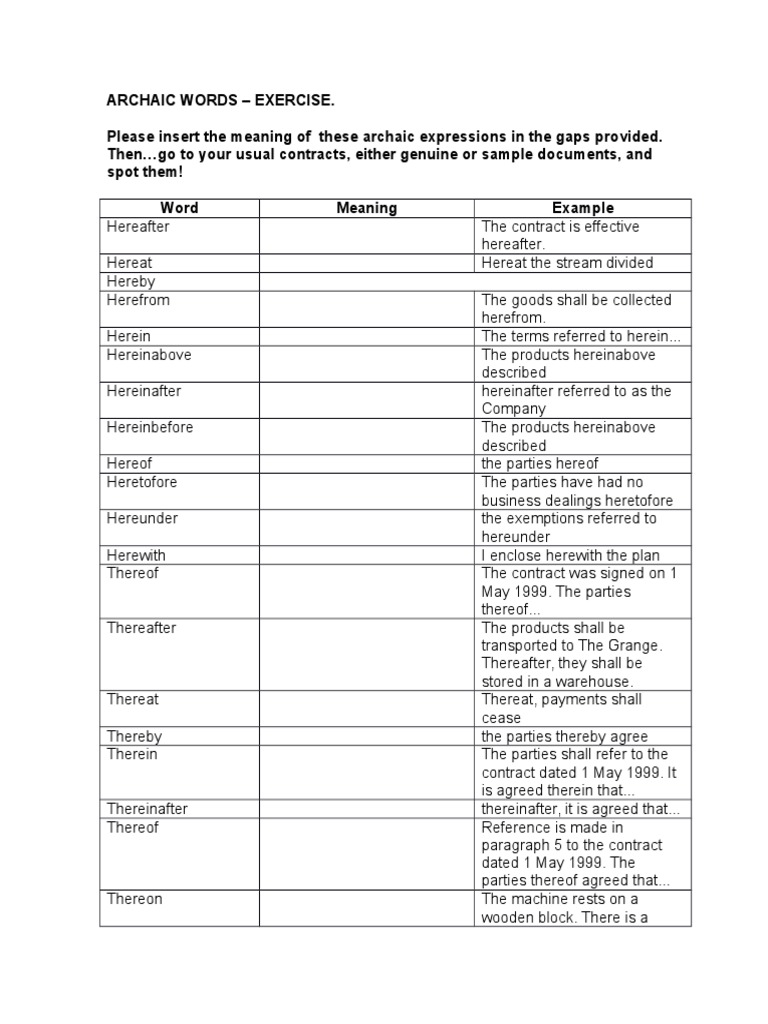 Archaic Words Exercise Pdf Business Law Common Law