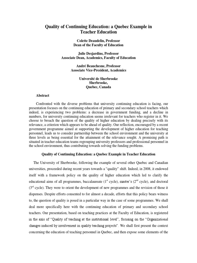 Quality of Continuing Education Quebec PDF Teacher Education Teachers