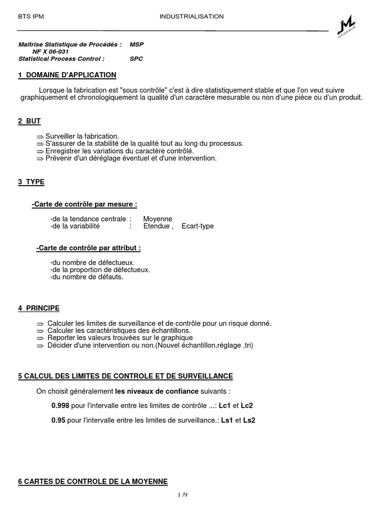 Maîtrise Statistique des Procédés | PDF | Production et fabrication ...