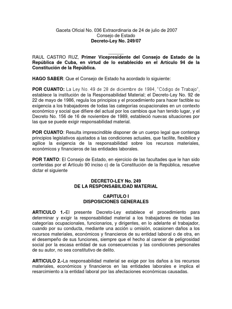 Decreto Ley 249 Responsabilidad Material