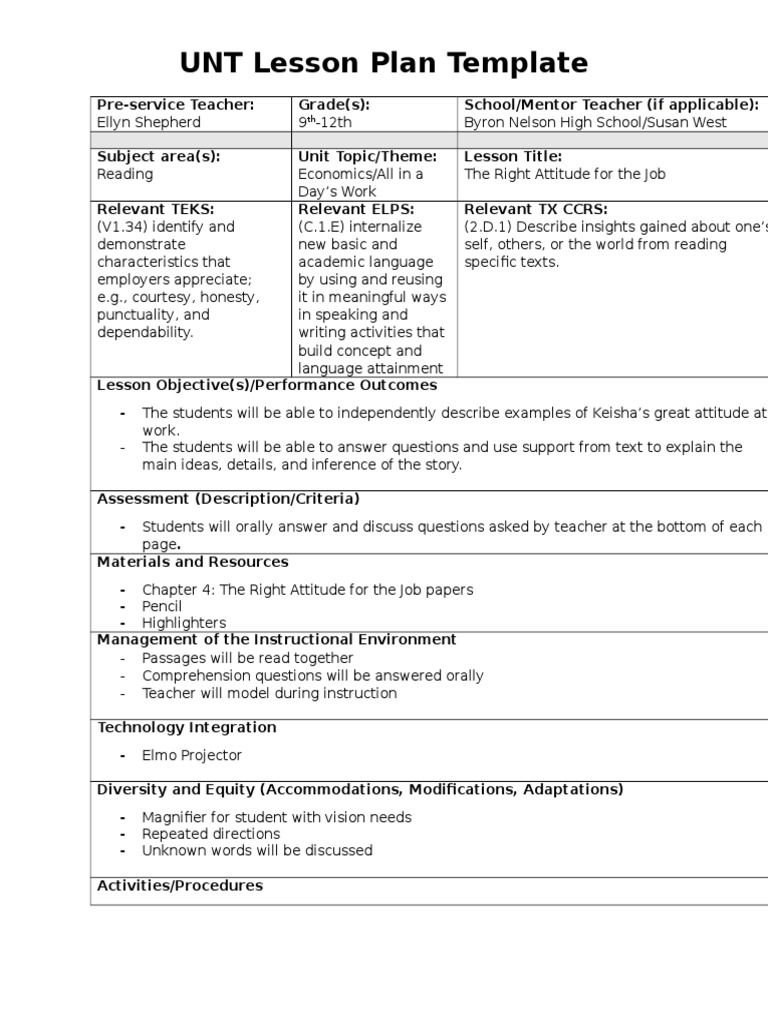 UNT Lesson Plan Template | PDF | Lesson Plan | Educational Psychology