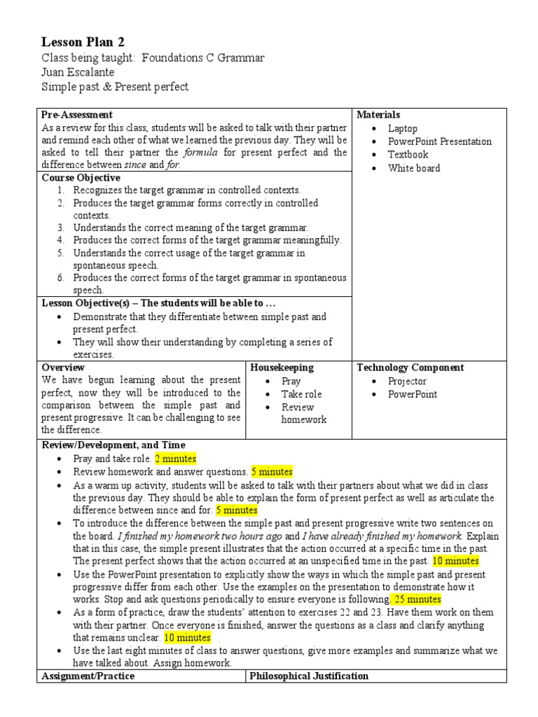 Simple Past vs Present Perfect Lesson Plan | PDF | Education Theory ...