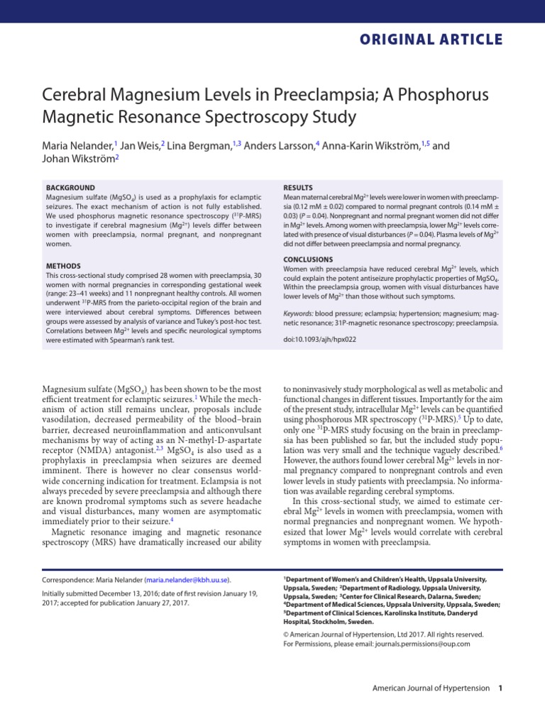 Cerebral Magnesium Levels in Preeclampsia a Phosphorus Resonance Spectroscopy Study