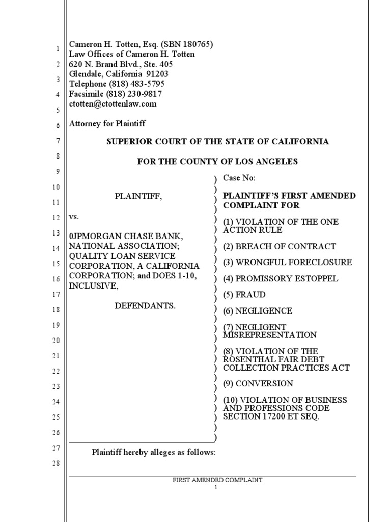 Complaint For Violation of The One Action Rule, Violation of Rosenthal