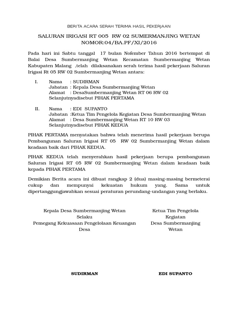 Berita Acara Serah Terima Pekerjaan