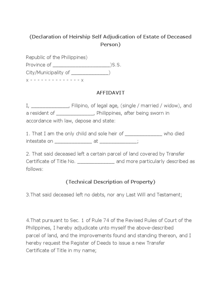 Declaration of Self Adjudication Will And Testament Intestacy