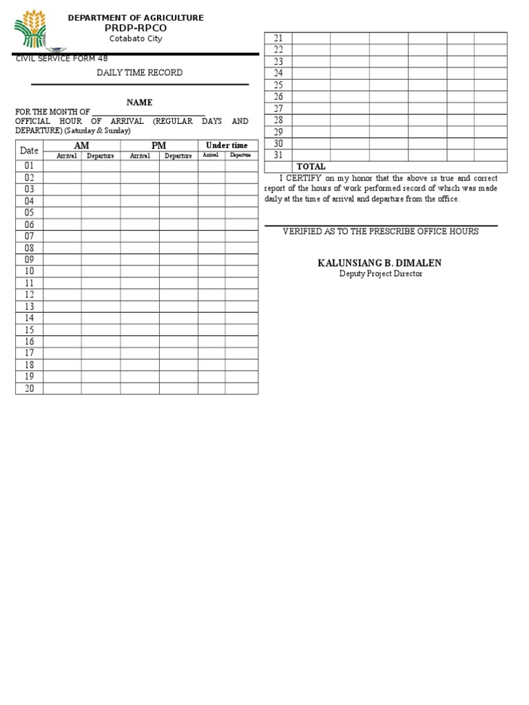 Civil Service Daily Time Record Form | PDF