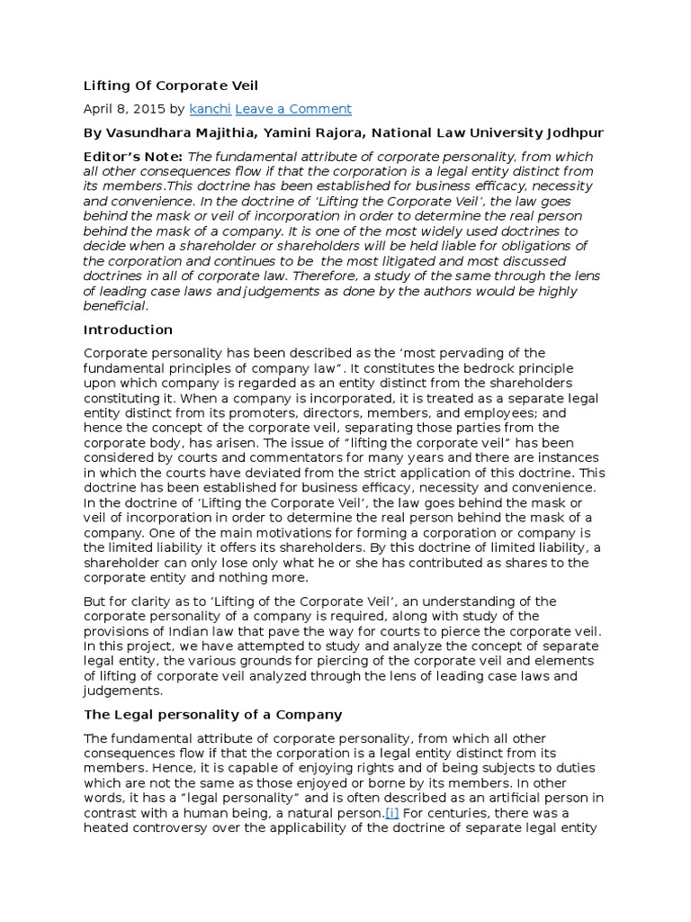 Lifting of Corporate Veil PDF Piercing The Corporate Veil Mens Rea