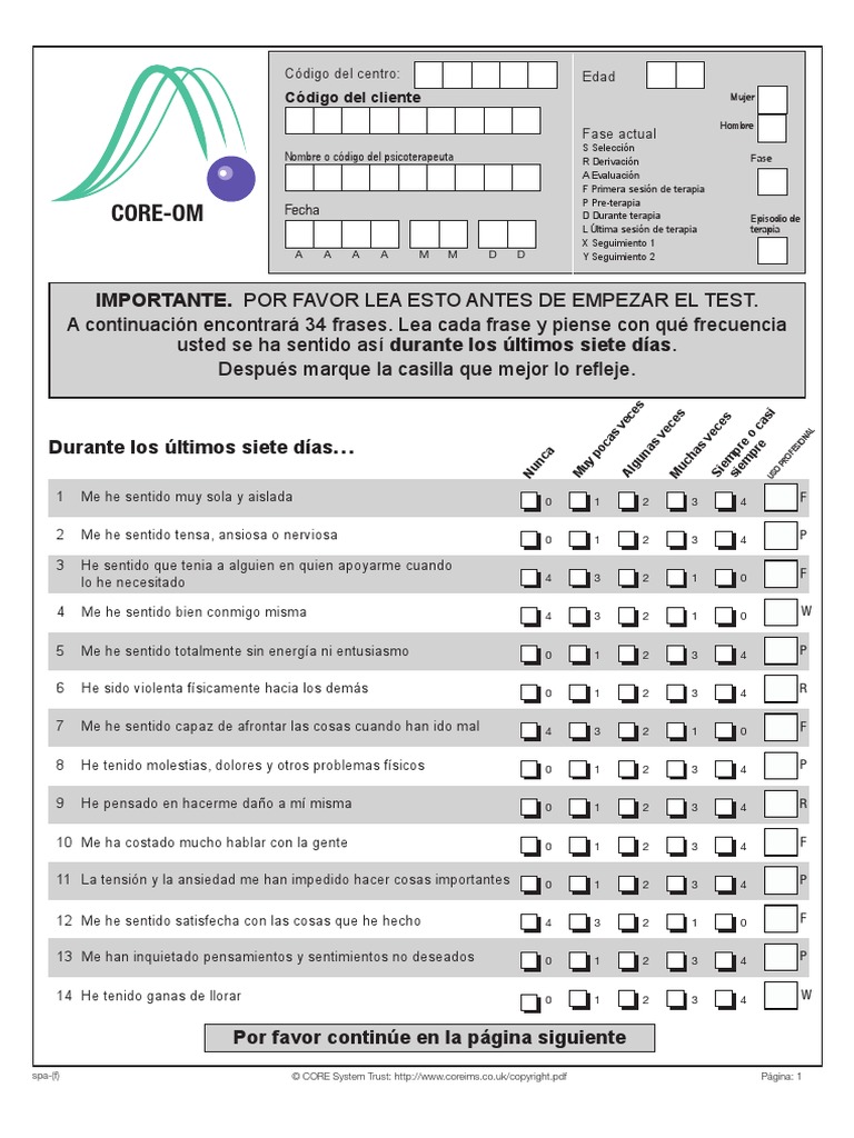 CORE OM Spanish Female PDF, PDF, Sicología