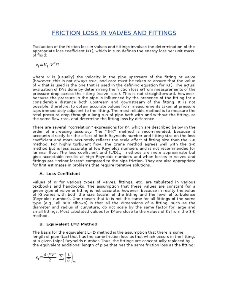 Friction Loss in Valves and Fittings PDF Reynolds Number Friction