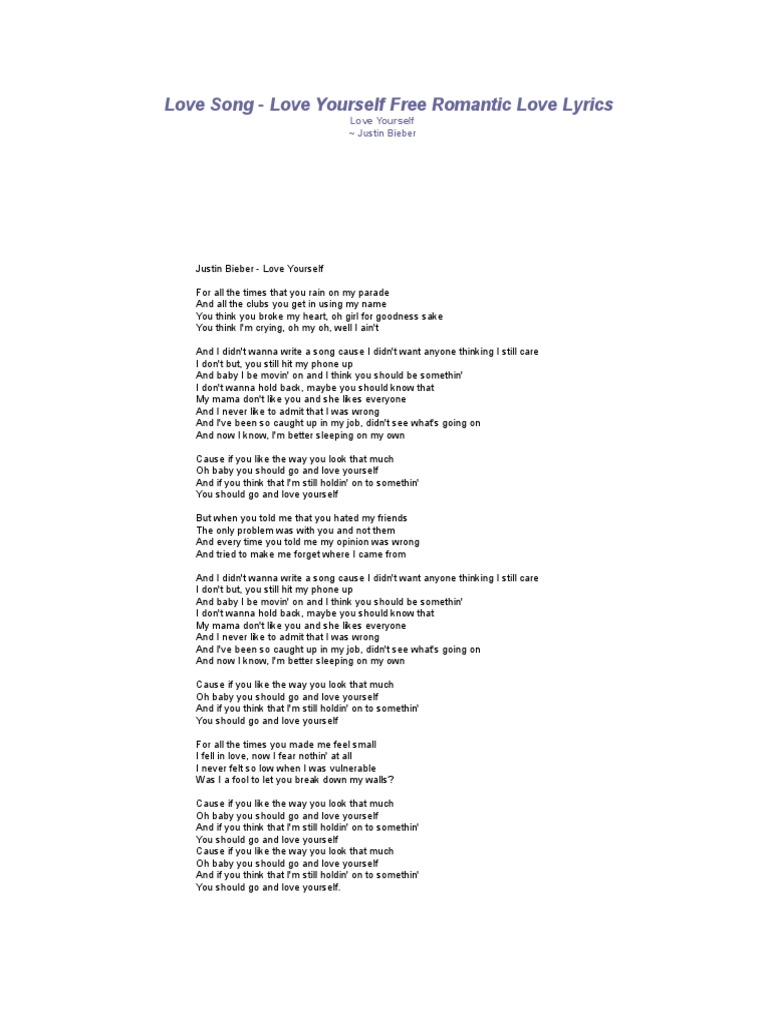 Justin Bieber Love Yourself Paroles Love Song - Love Yourself Free Romantic Love Lyrics: Justin Bieber | PDF | Love  Yourself | Justin Bieber