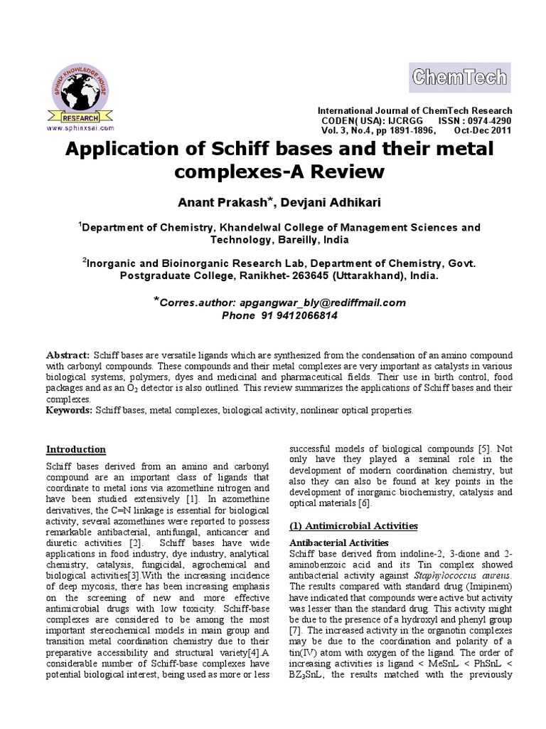 Application of Schiff Bases and Their Metal Complexes-A Review | PDF ...