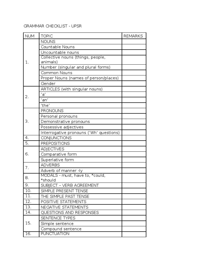 Grammar Checklist - UPSR