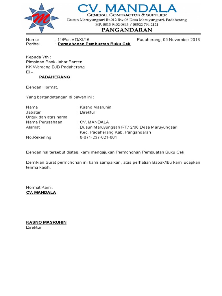 Contoh Surat Meminta Buku Cek