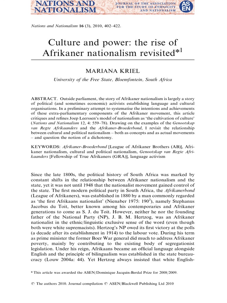 MARIANA KRIEL Culture and Power The Rise of Afrikaner Nationalism