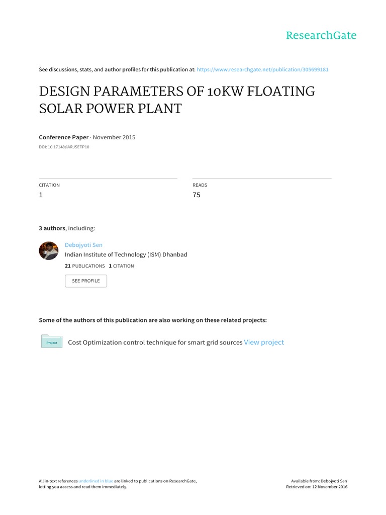 Design Parameters of 10kw Floating Solar Power Plant | PDF | Solar ...