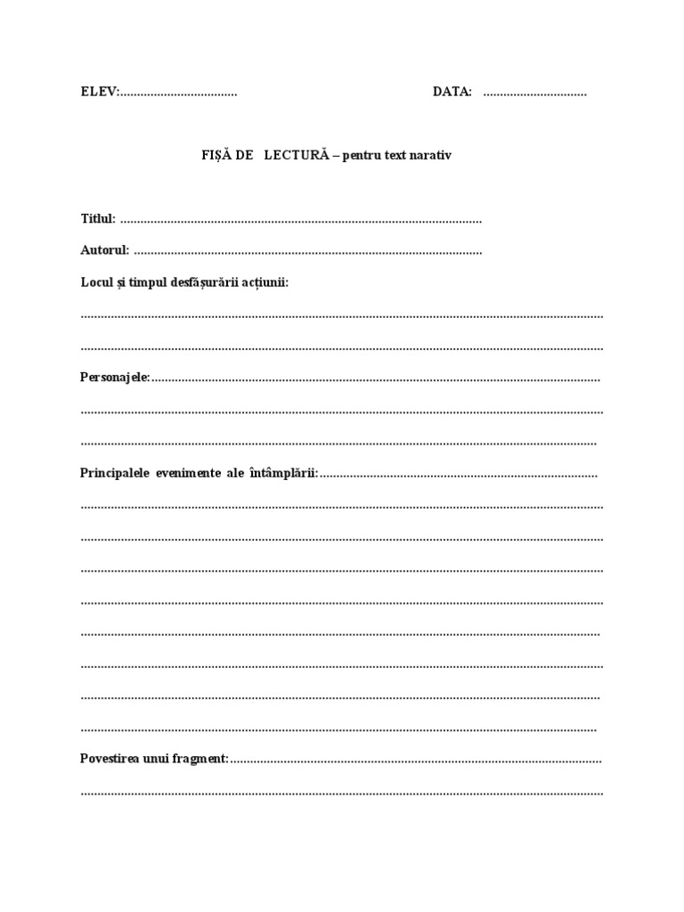 Model Fisa De Lectura Clasa A 2 A Fise de Lectura Narativ | PDF