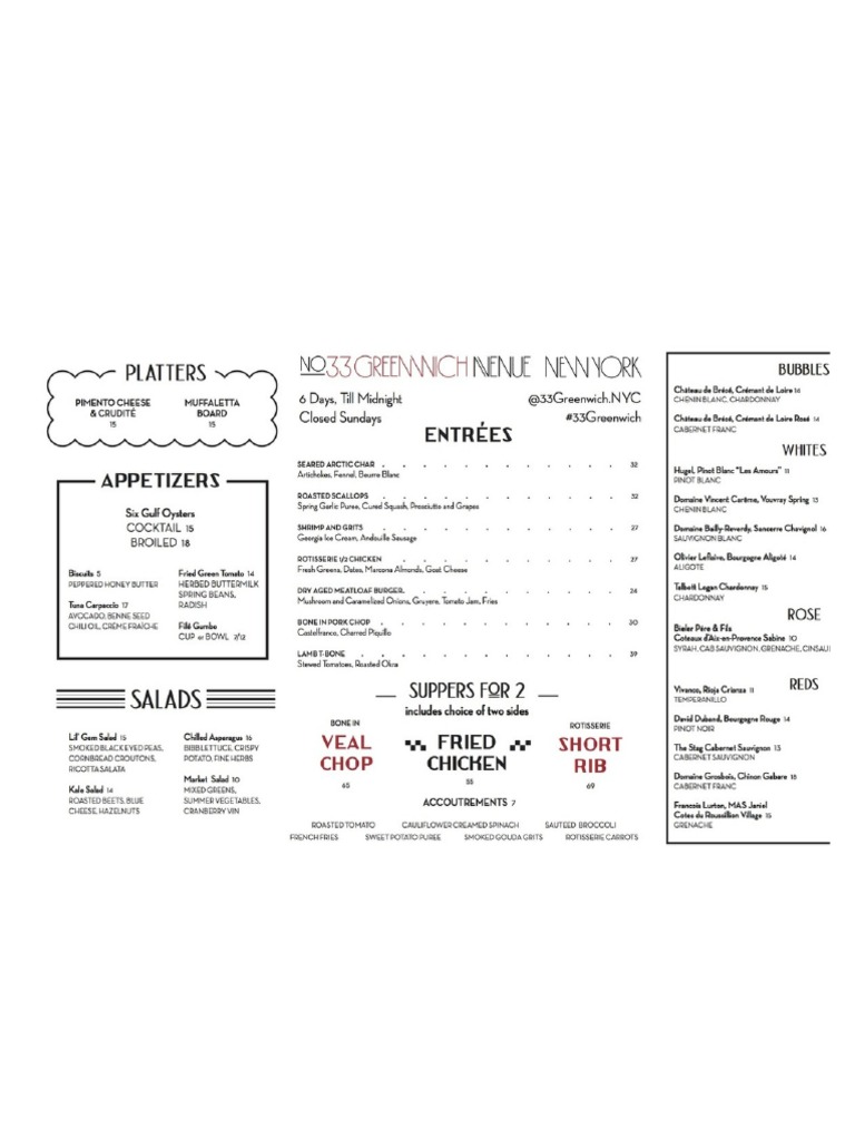 33 Greenwich Menu