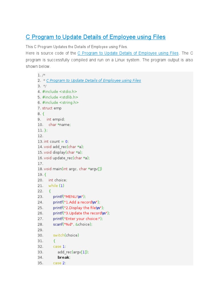 C Program To Update Details of Employee Using Files | Download Free PDF ...