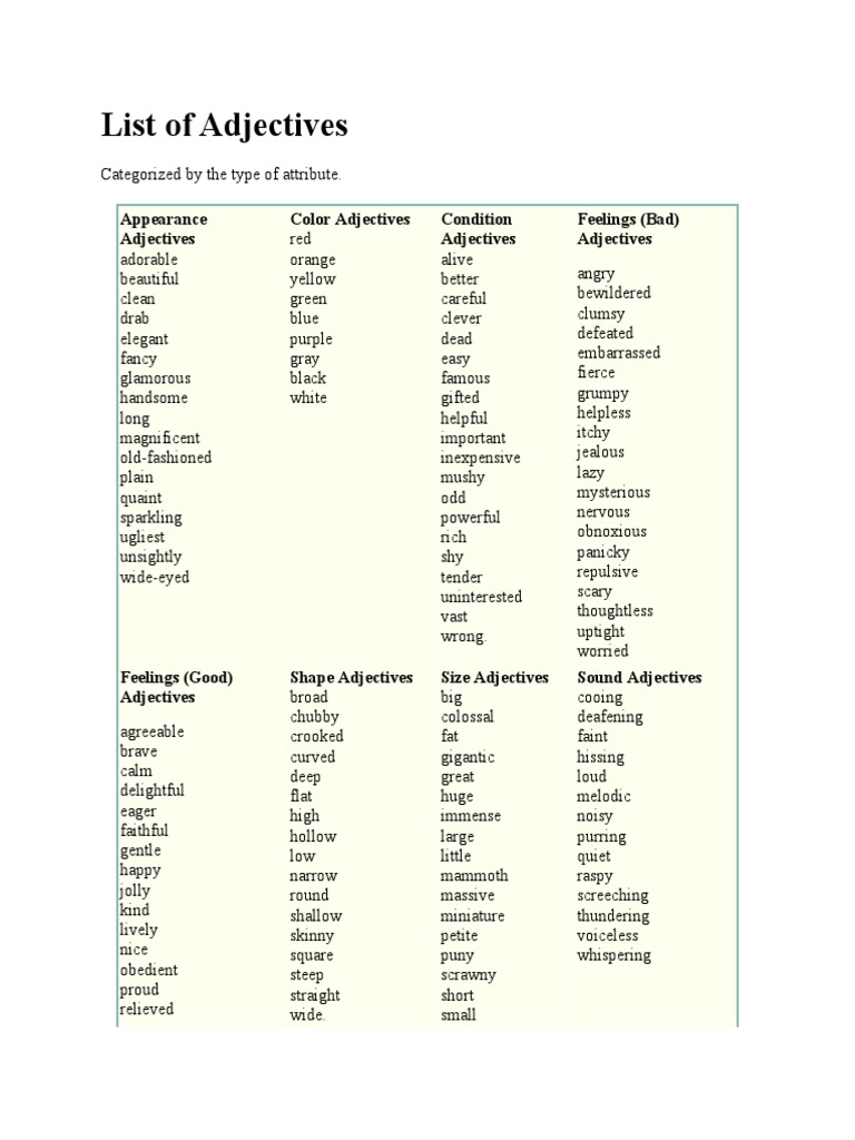 List of Adjectives | Semantic Units