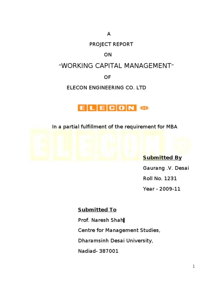 Working Capital Management Of Elecon Pdf Working Capital