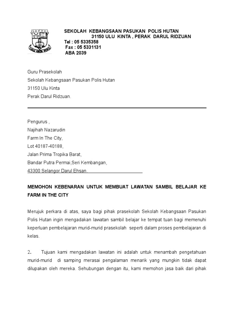 Surat Permohonan Lawatan Ke Farm In The City